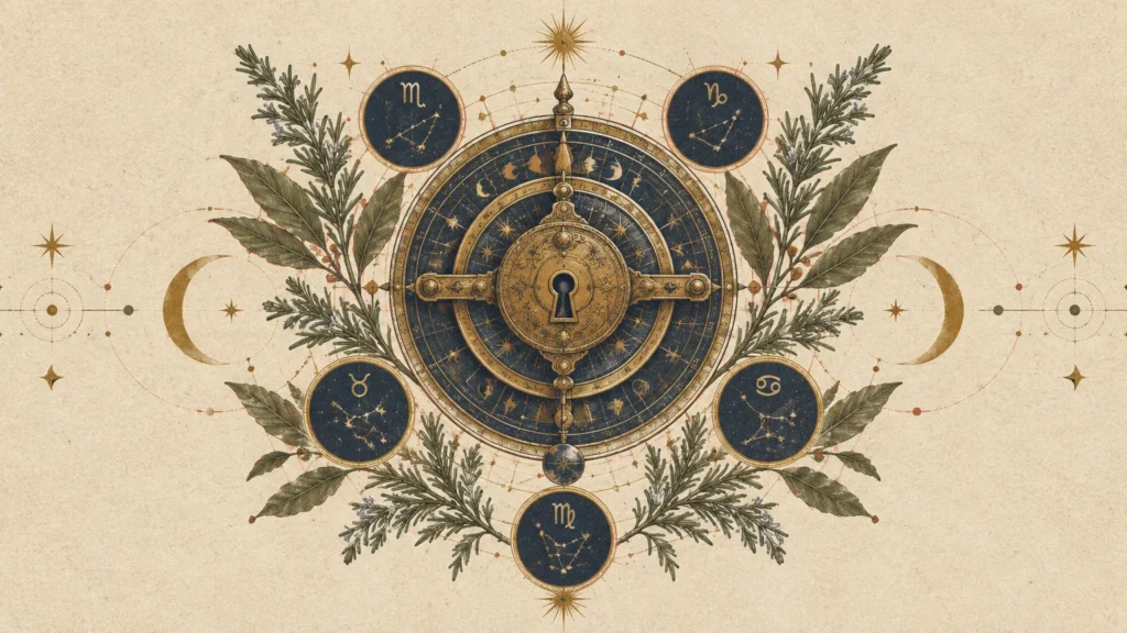 Ornate celestial vault lock surrounded by botanical leaves and five circular zodiac constellation emblems on vintage paper.