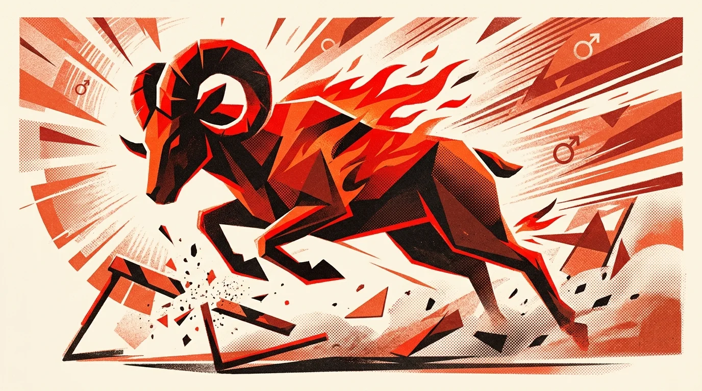 Geometric illustration of a flaming red ram charging forward and smashing through obstacles amid Mars symbols.