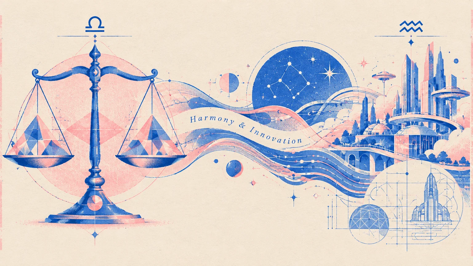 Illustration of Libra scales connected by flowing ribbons to a futuristic Aquarius cityscape with constellations and blueprints.