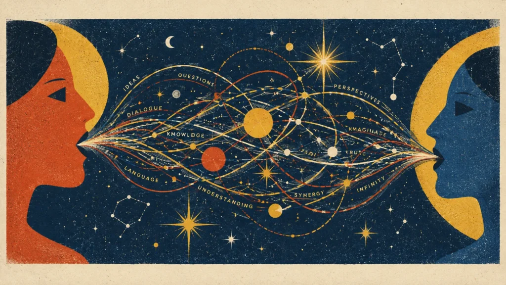 Illustration of two facing profile silhouettes connected by flowing streams of cosmic lines, planets, stars, and text.