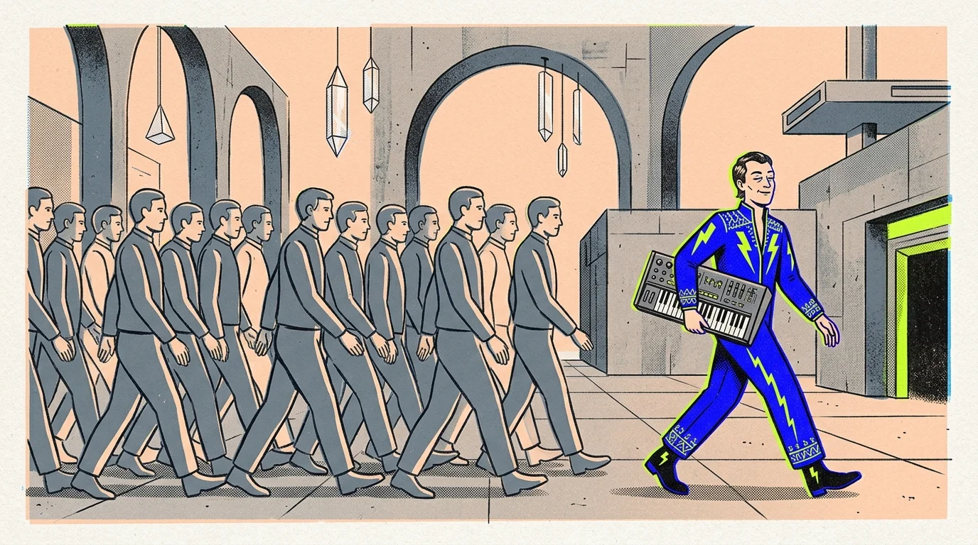 Man in a vibrant blue lightning jumpsuit carrying a synthesizer, walking past a line of identical grey-suited men.