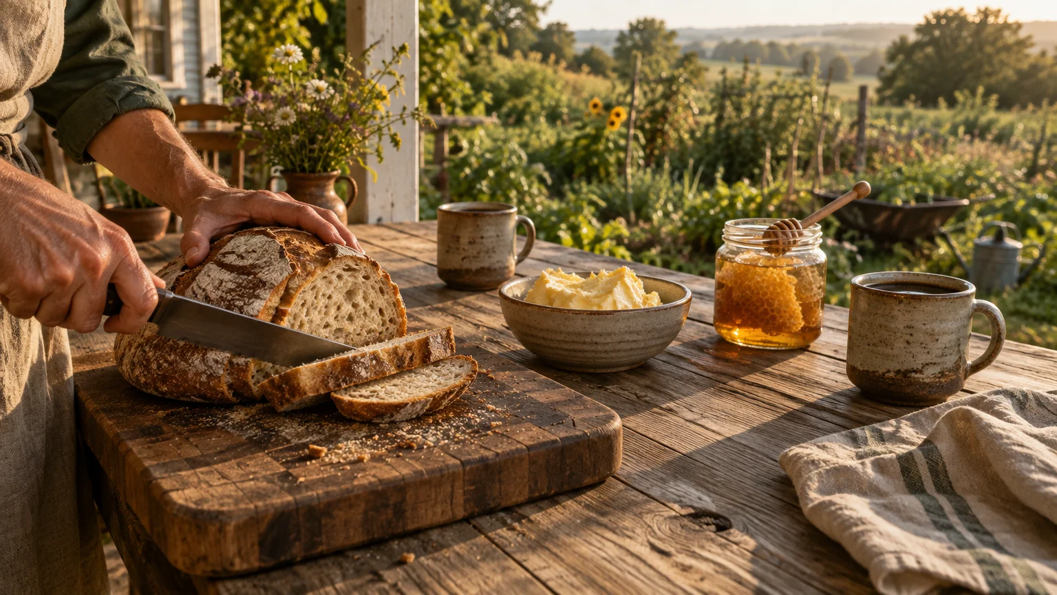 Hands slicing rustic bread on a wooden table outdoors beside bowls of butter, honey, and ceramic mugs.
