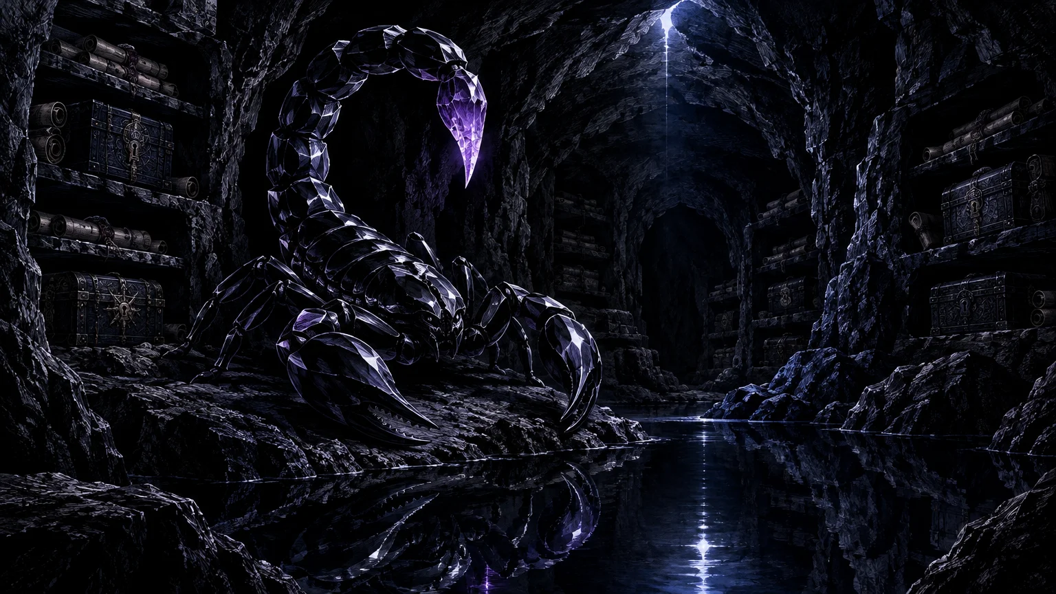 A crystalline black scorpion with a glowing purple stinger stands beside water in a dark stone cave vault.
