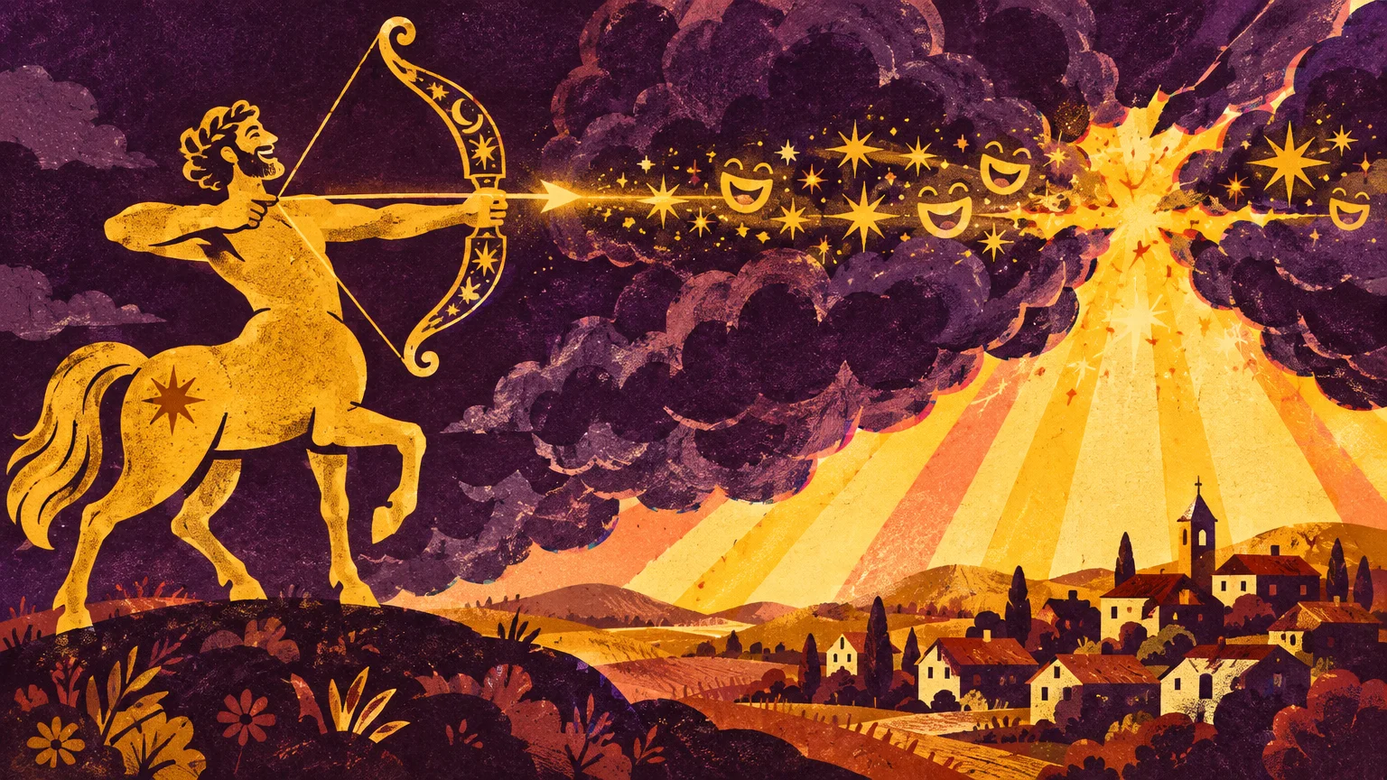 Centaur archer shooting a glowing arrow of smiling faces through dark storm clouds above a small village.