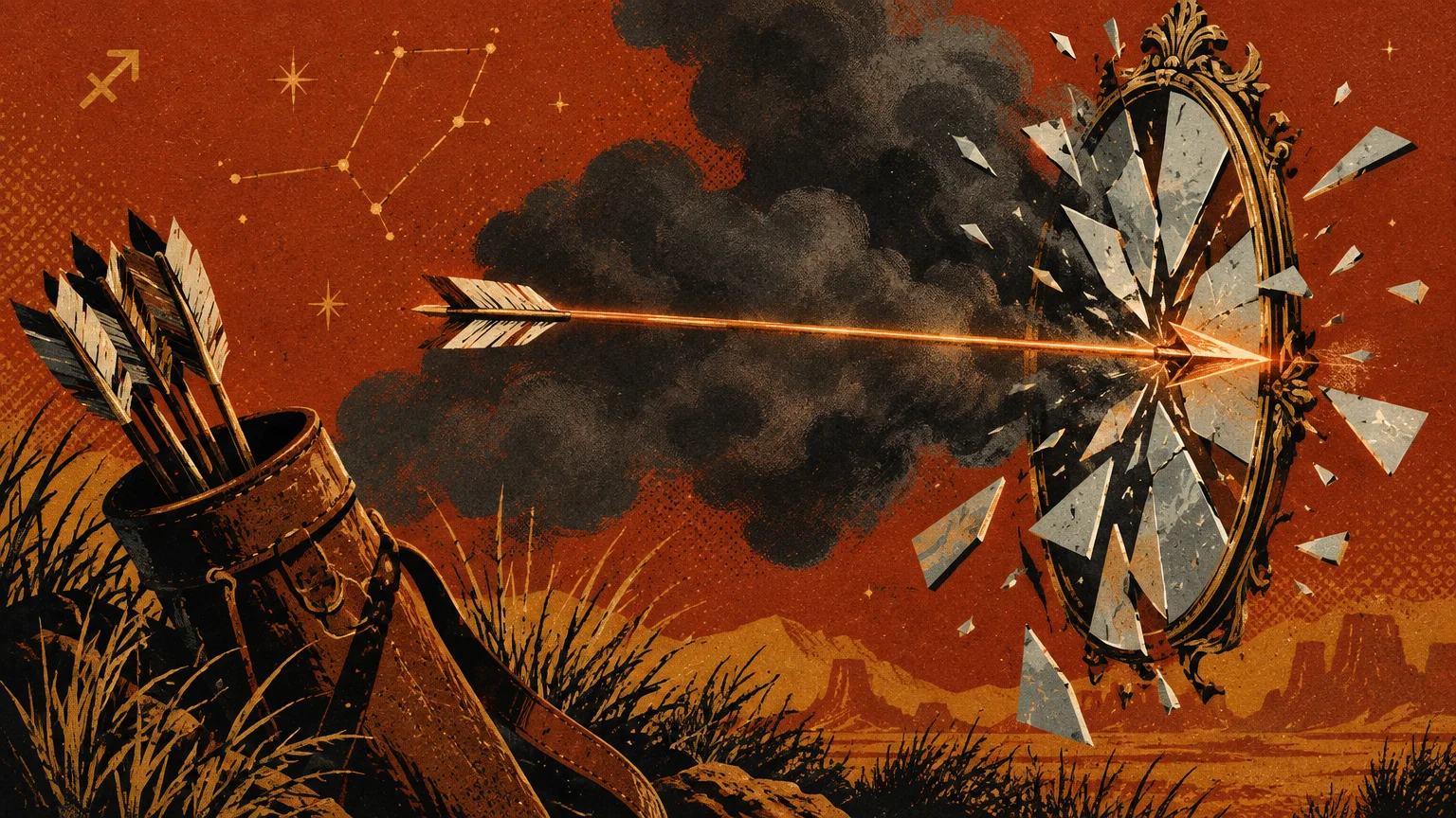 An arrow shatters an ornate standing mirror beside a quiver of arrows against an orange desert sky.