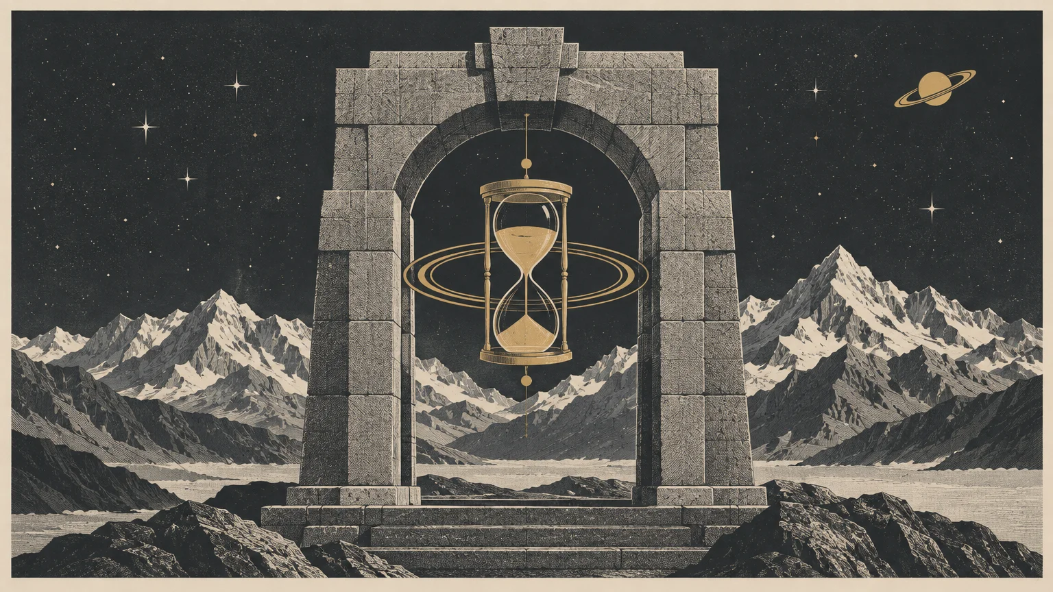 Stone arch framing a glowing hourglass with planetary rings against snowy mountains and a starry night sky with Saturn.