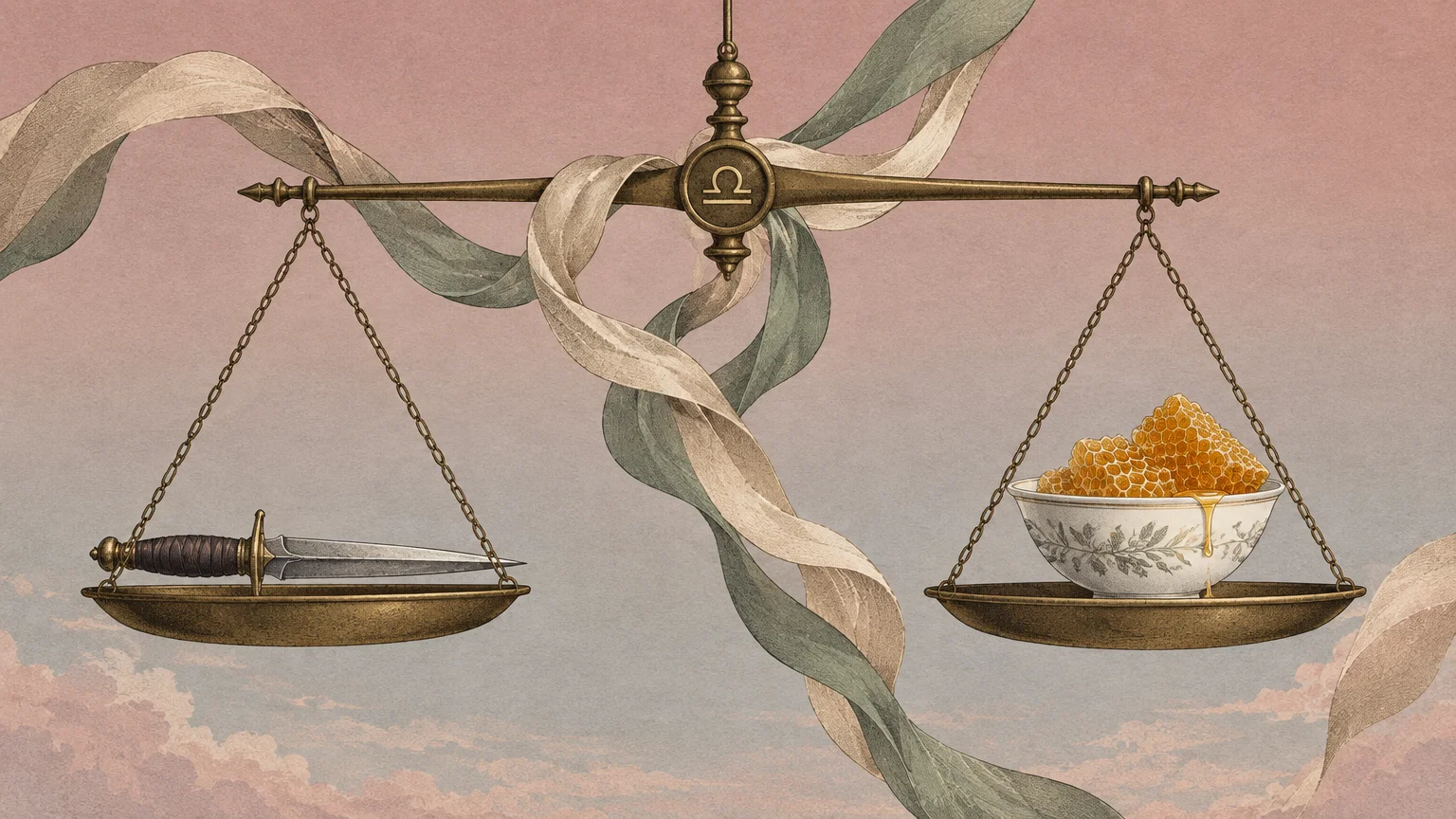 Antique brass balance scale holding a dagger on one tray and a bowl of honeycomb on the other against a pink sky.