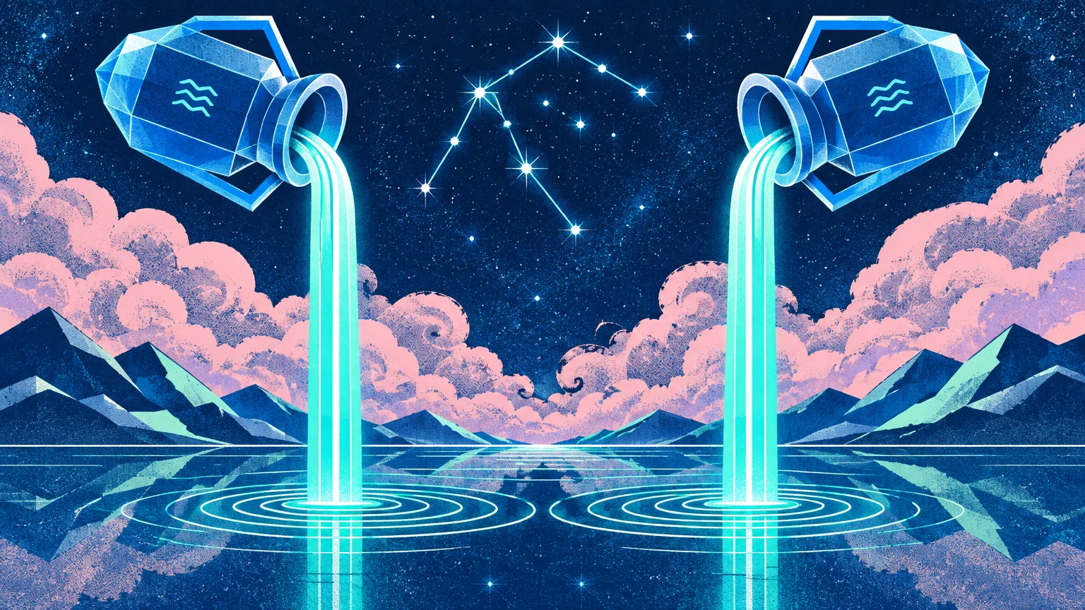 Two crystal urns pouring glowing streams into water beneath the Aquarius constellation, mountains, and pink clouds.
