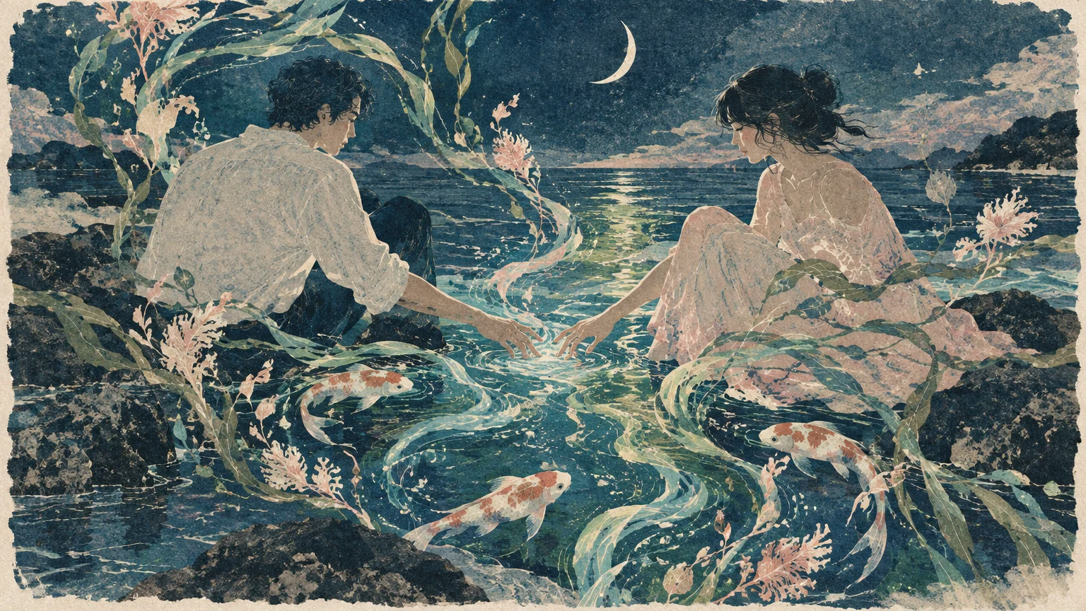 Illustration of a man and woman reaching toward each other in glowing water under a crescent moon with swimming koi fish.