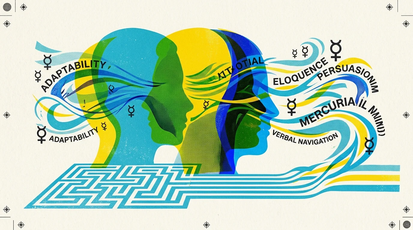 Illustration of overlapping profile silhouettes in blue, green, and yellow with flowing ribbons of text and a blue maze.