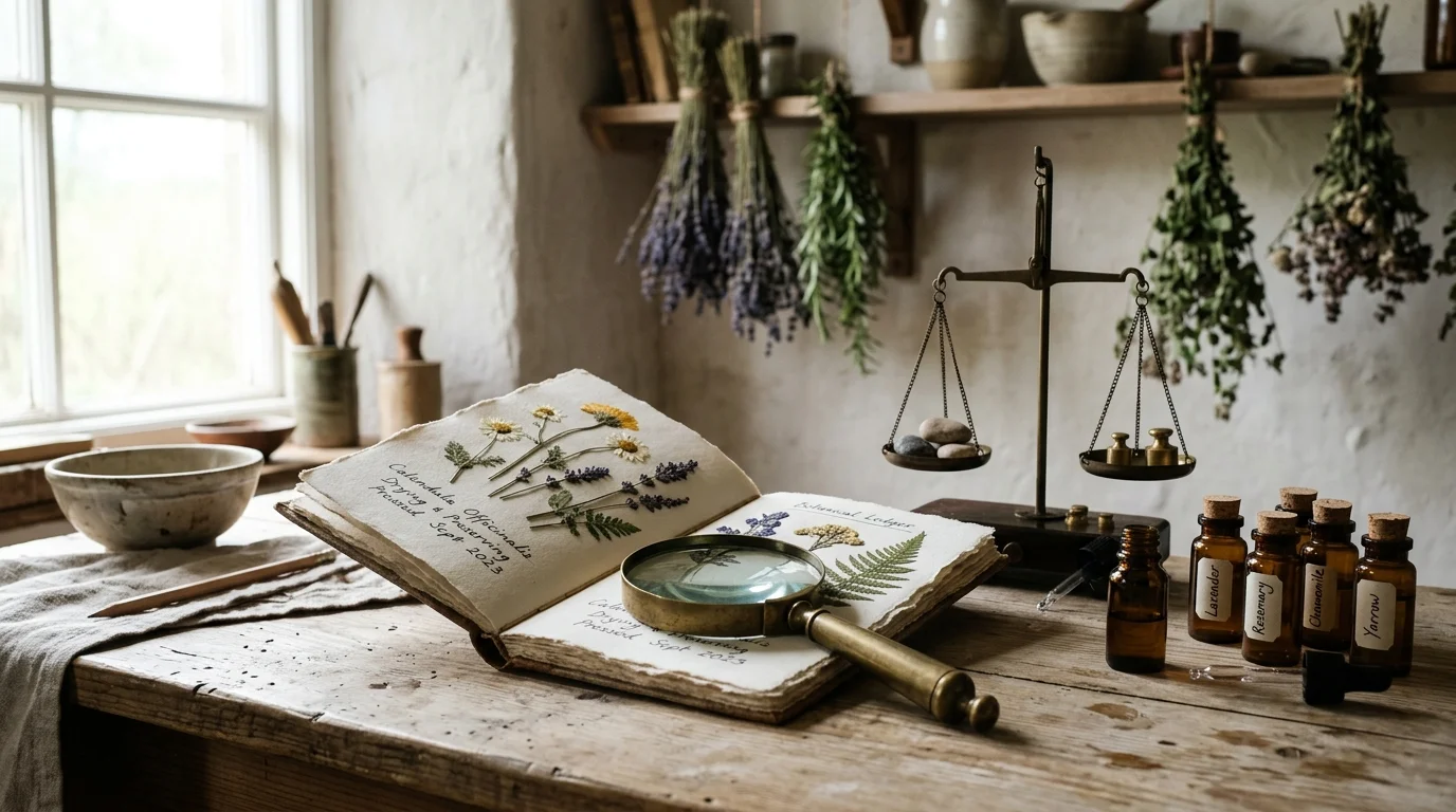 Open herbarium book with pressed botanicals, magnifying glass, balance scale, and glass apothecary bottles on wooden desk.