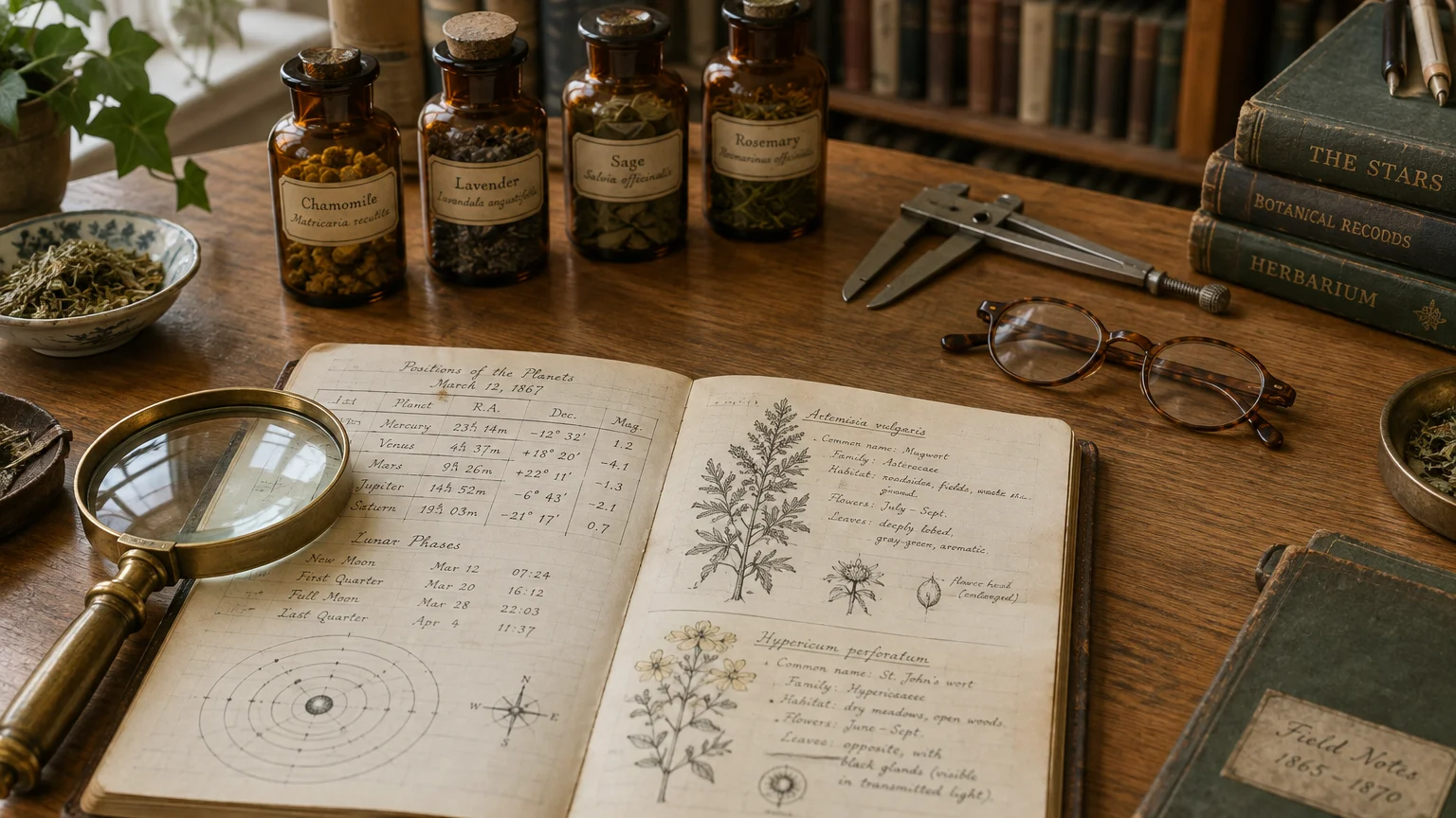 Open botanical and astronomical notebook on a wooden desk beside apothecary jars, a magnifying glass, and spectacles.
