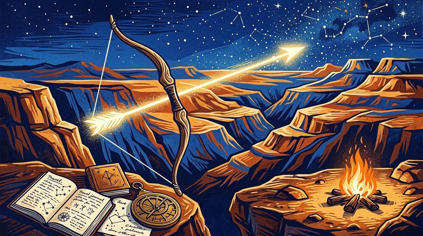 A wooden bow fires a glowing arrow across a desert canyon under a starry night sky near open journals and a campfire.