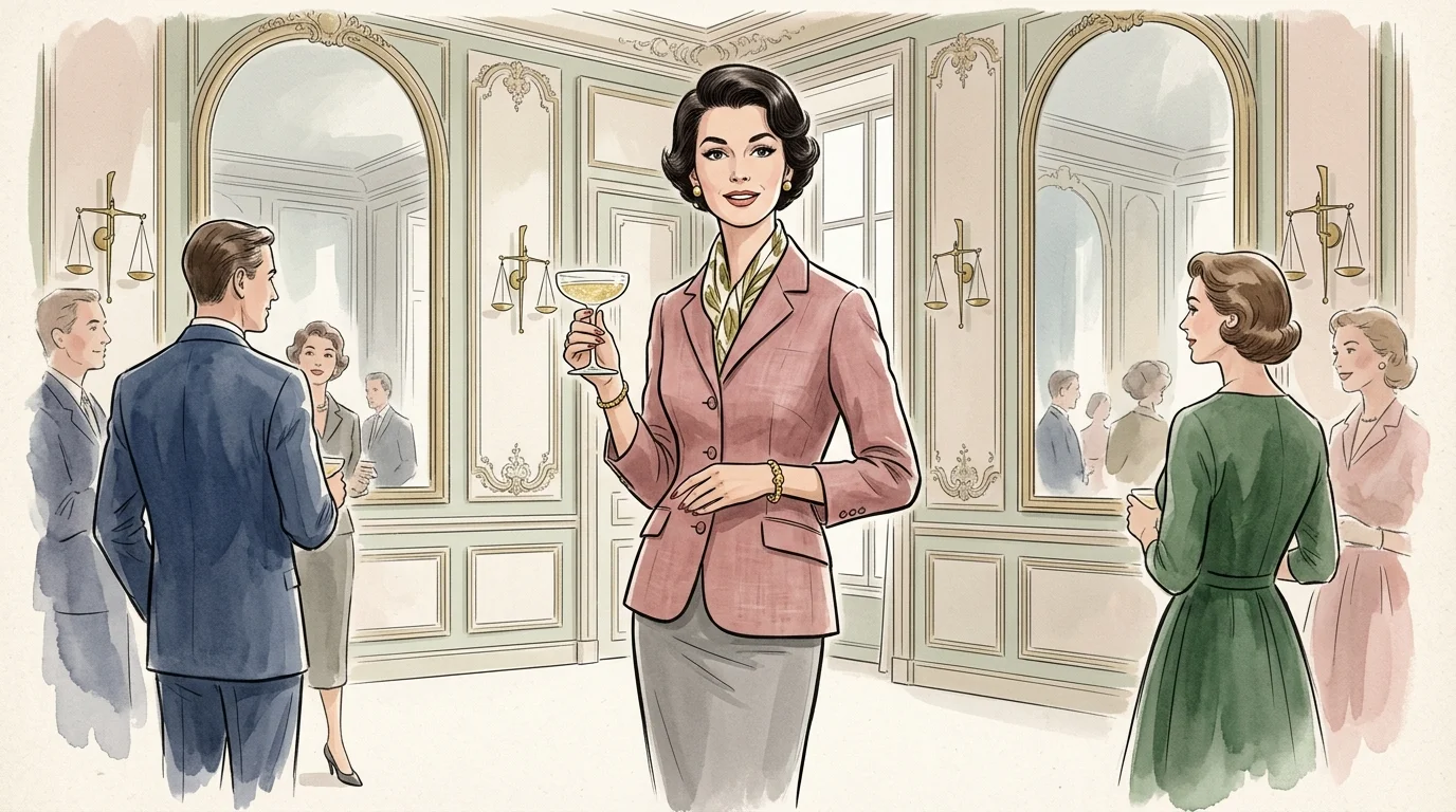 Retro illustration of an elegant woman holding a drink at a cocktail party with arched mirrors and balance scale sconces.