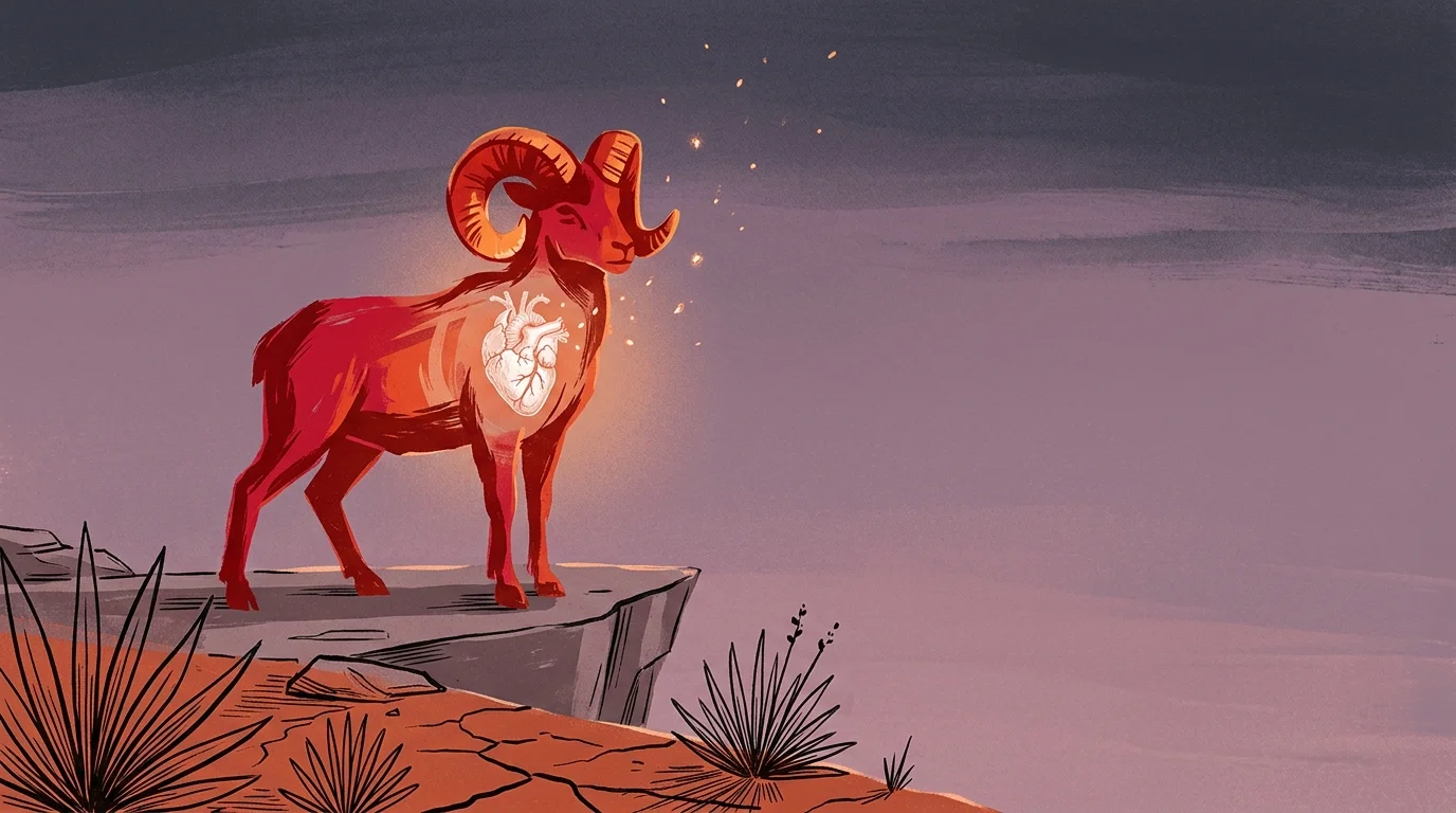 Illustration of a glowing red ram standing on a cliff, revealing an anatomical heart inside its chest.