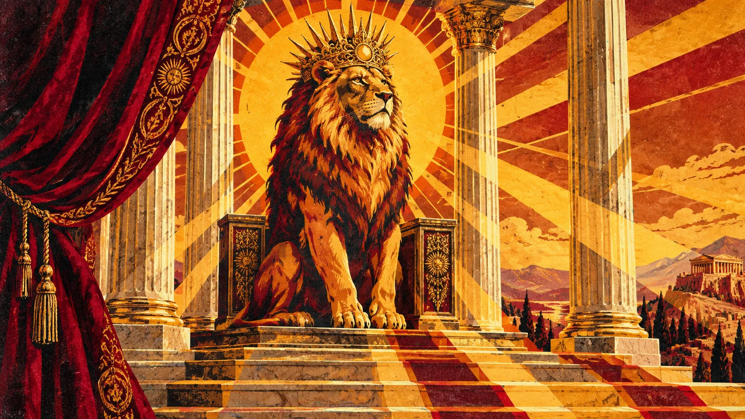 Illustration of a crowned lion sitting on a marble throne between classical pillars under radiant sunbeams.