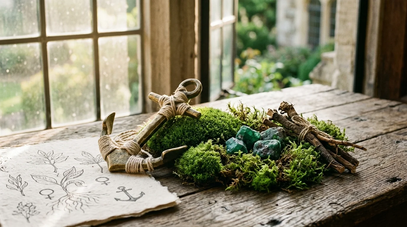 A brass anchor wrapped in twine rests on green moss alongside raw emerald stones and botanical sketches by a window.