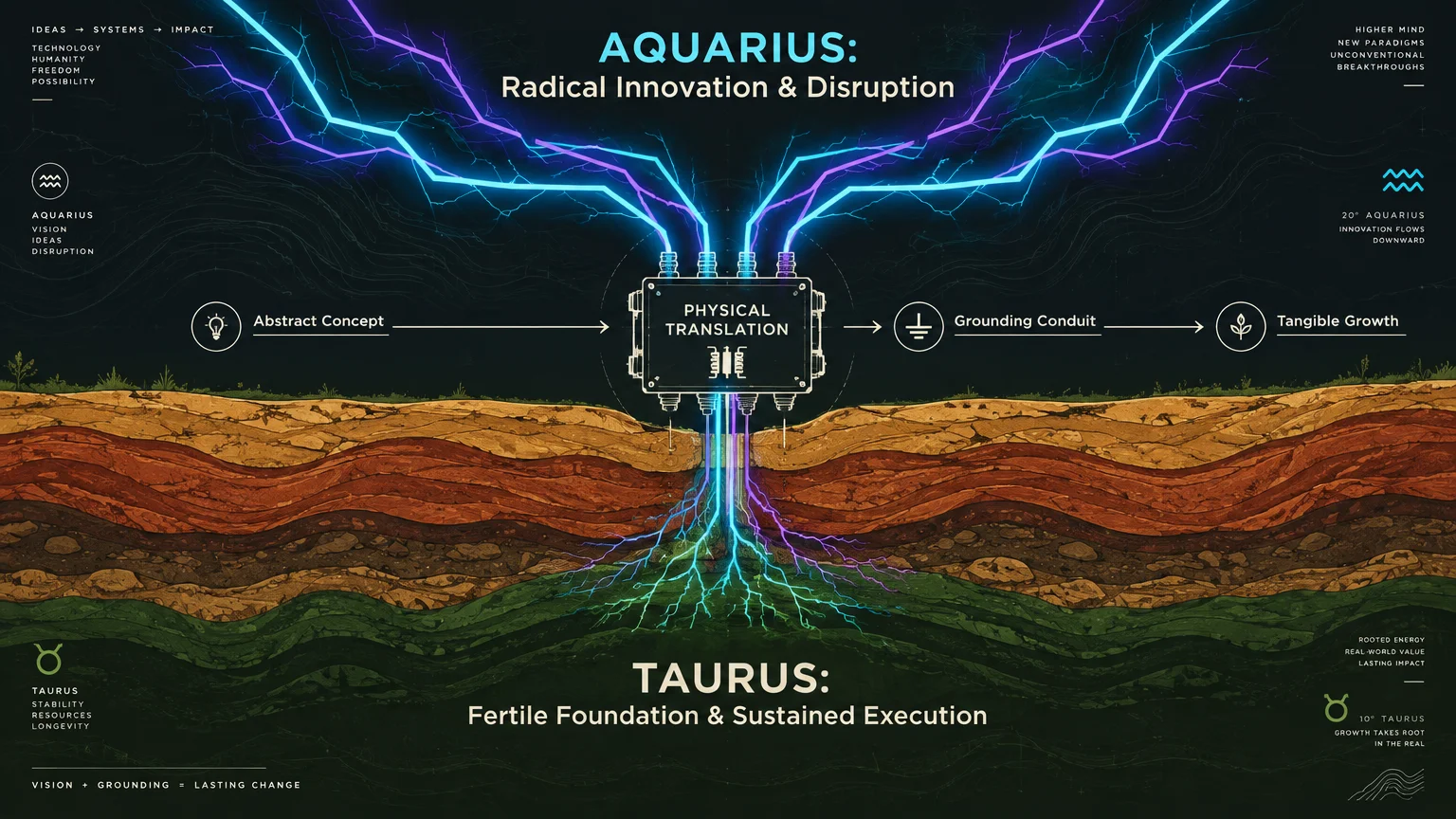 Diagram showing Aquarius lightning channeled through a physical translation conduit into layered Taurus soil as glowing roots.
