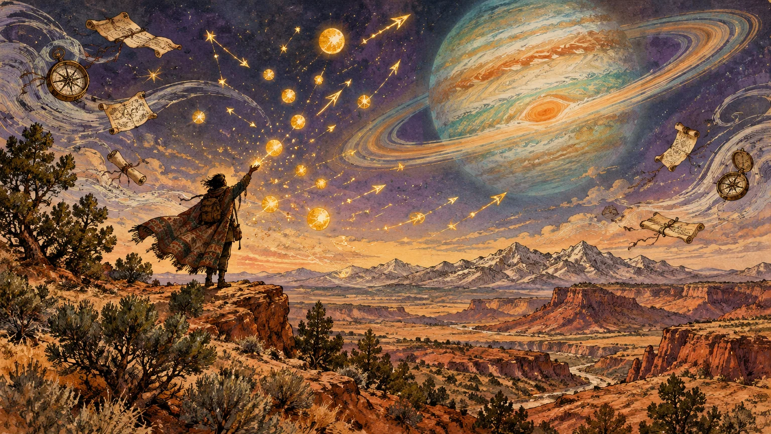Illustration of a cloaked figure on a cliff reaching toward glowing arrows and a ringed planet over a desert.