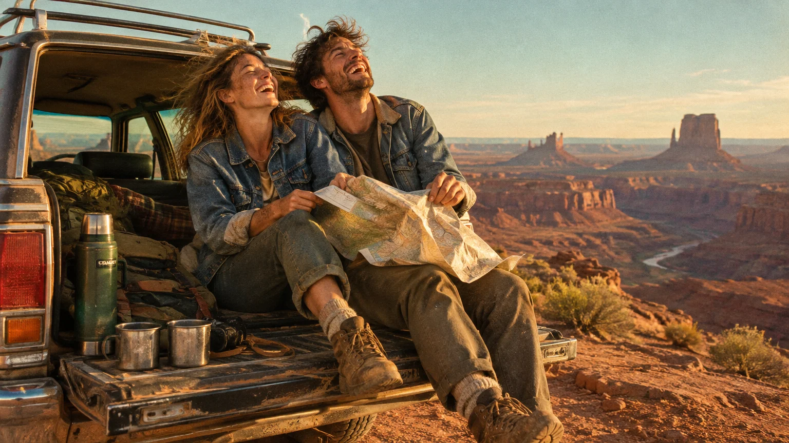 A smiling couple in denim jackets sits on an open truck tailgate holding a paper map overlooking desert canyon vistas.
