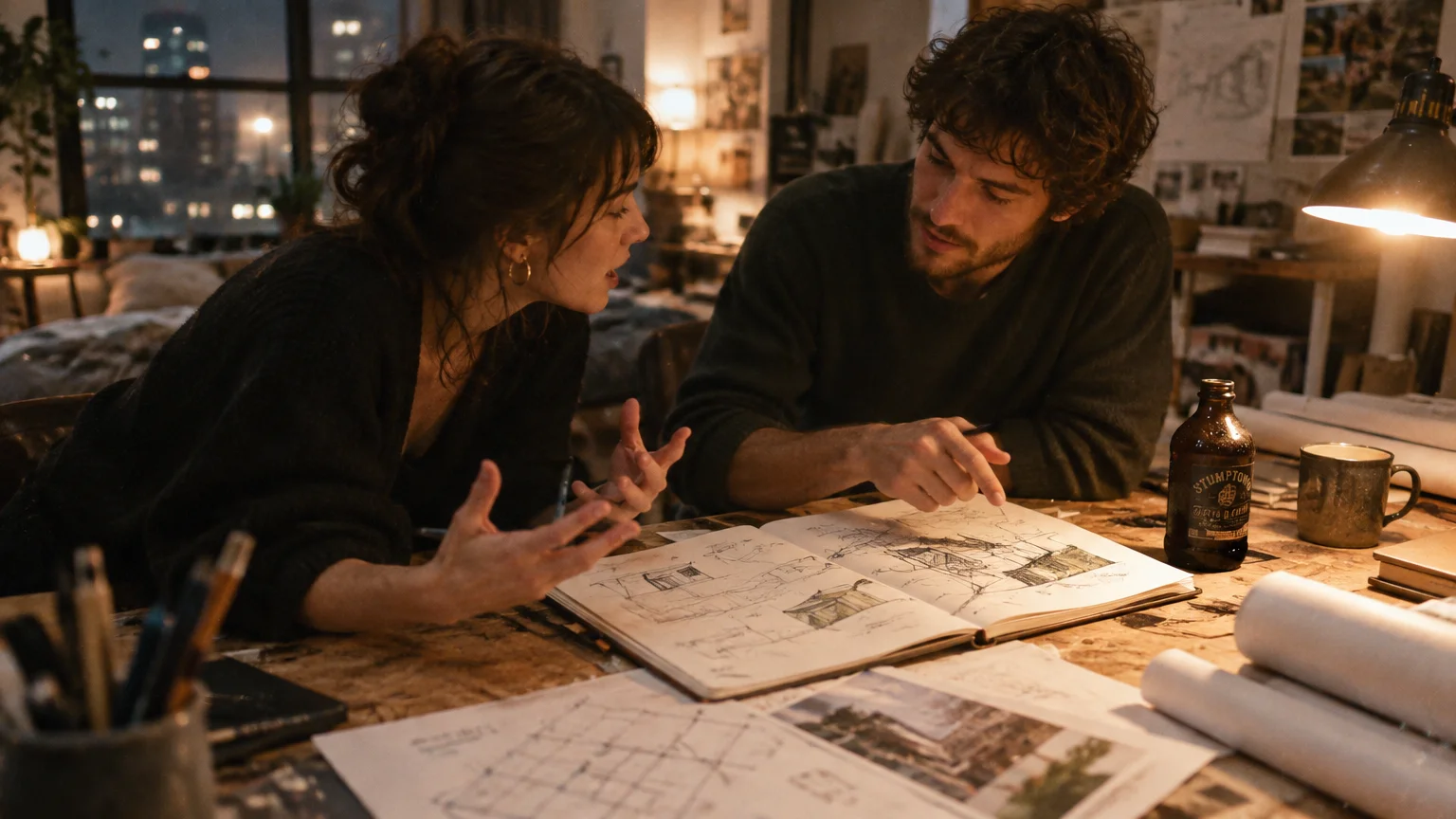 A man and woman lean over an open sketchbook and blueprints on a wooden table under lamplight.