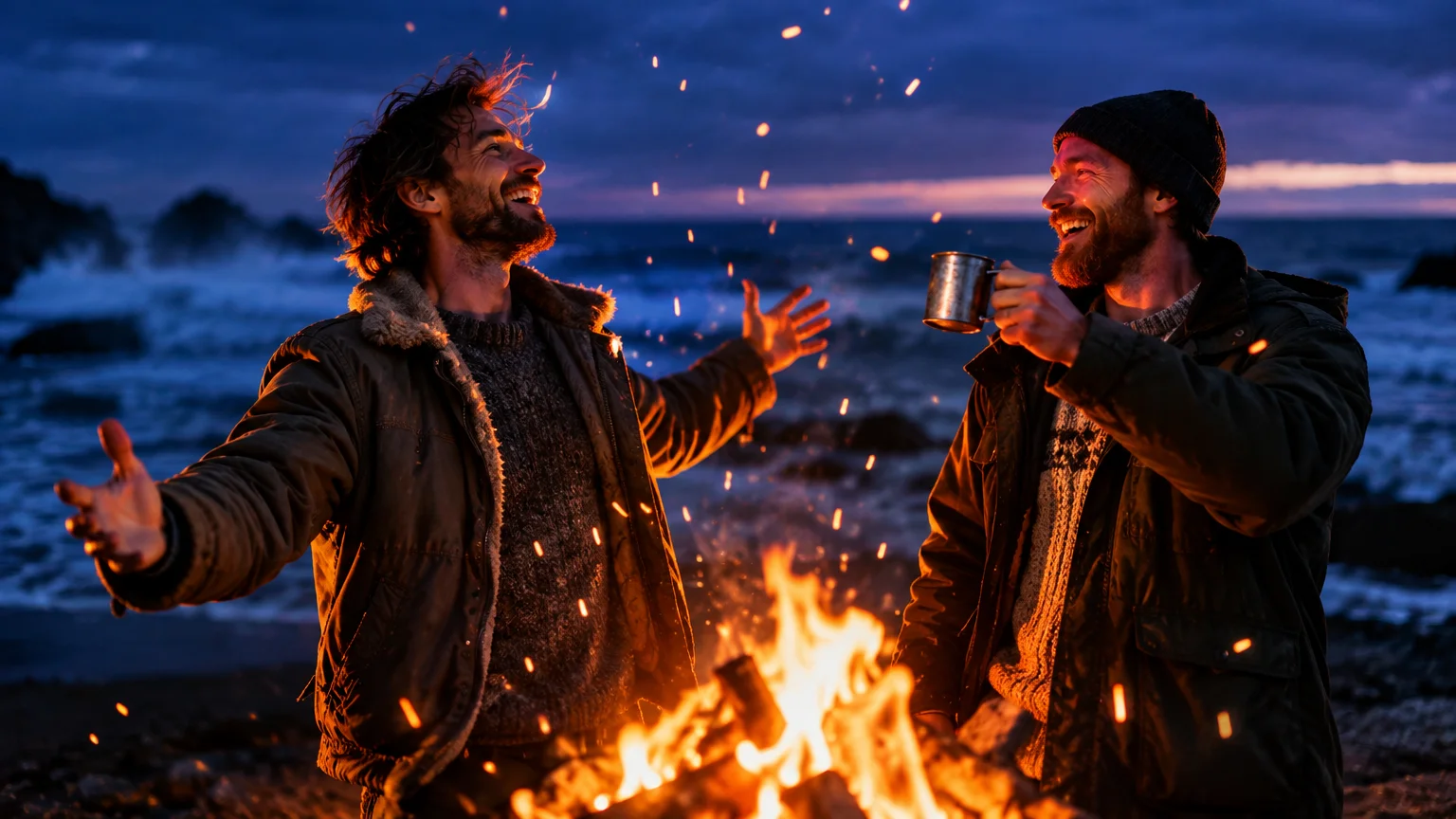 Two men laugh together by a blazing beach campfire at dusk, one gesturing with open arms and the other holding a tin mug.
