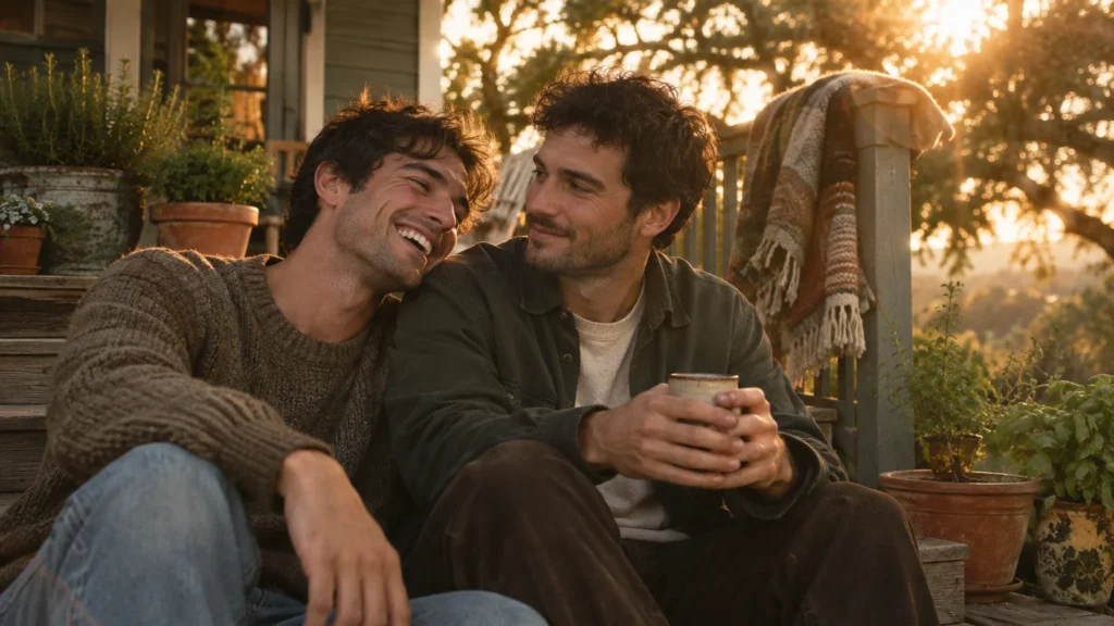 Two men sit close together on rustic wooden porch steps, smiling warmly at each other in the golden evening light.