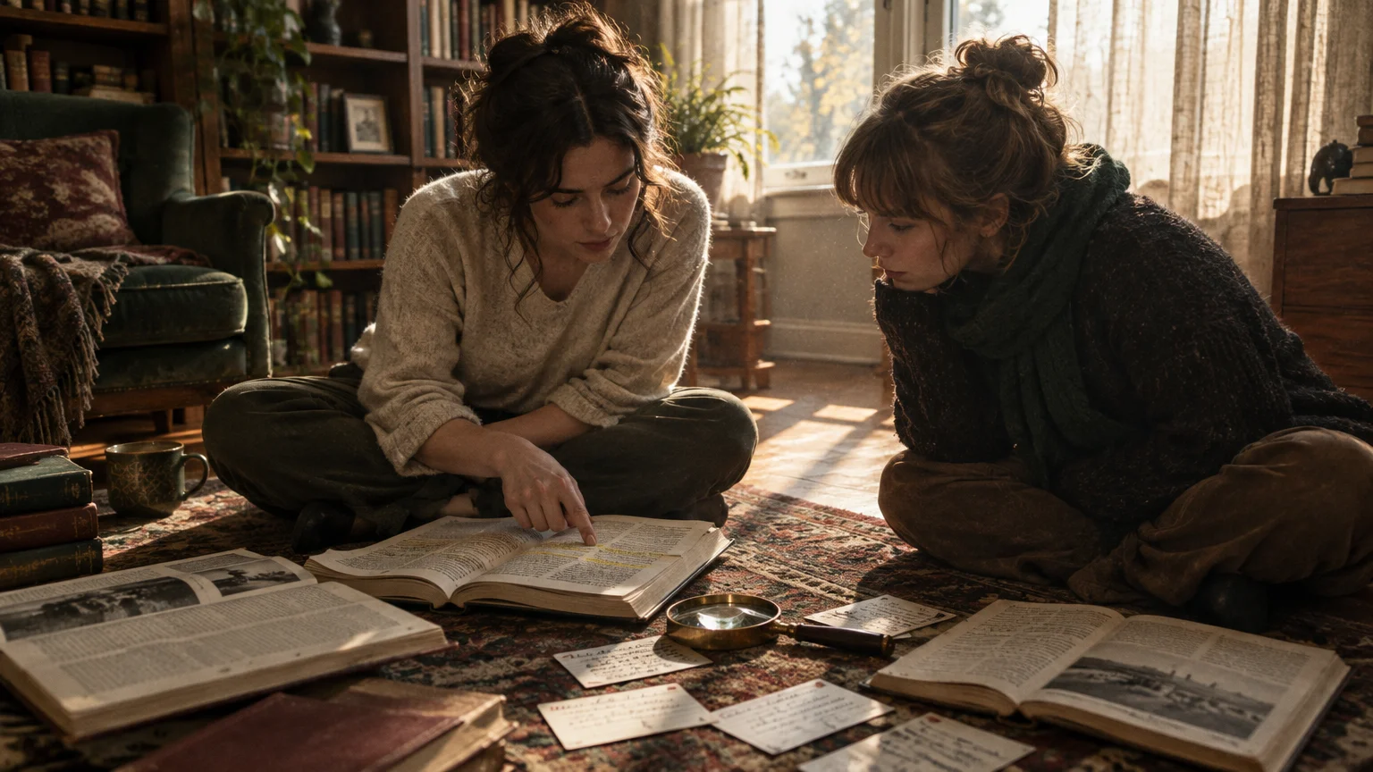 Two women sitting cross-legged on an ornate rug, studying open books, notes, and a magnifying glass spread before them.
