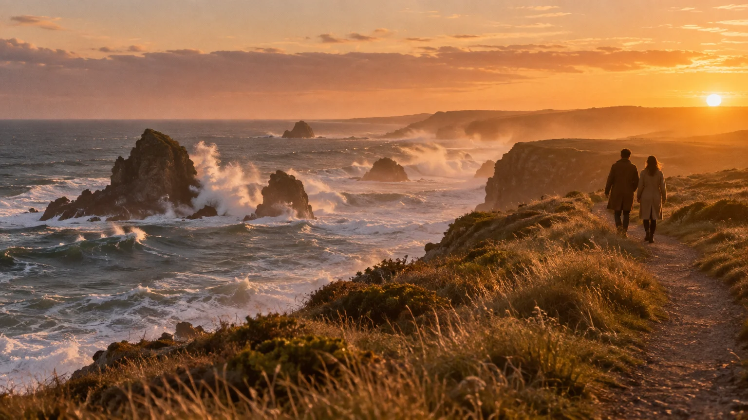 A couple walks along a coastal cliff path beside rough ocean waves crashing against sea stacks at golden hour sunset.