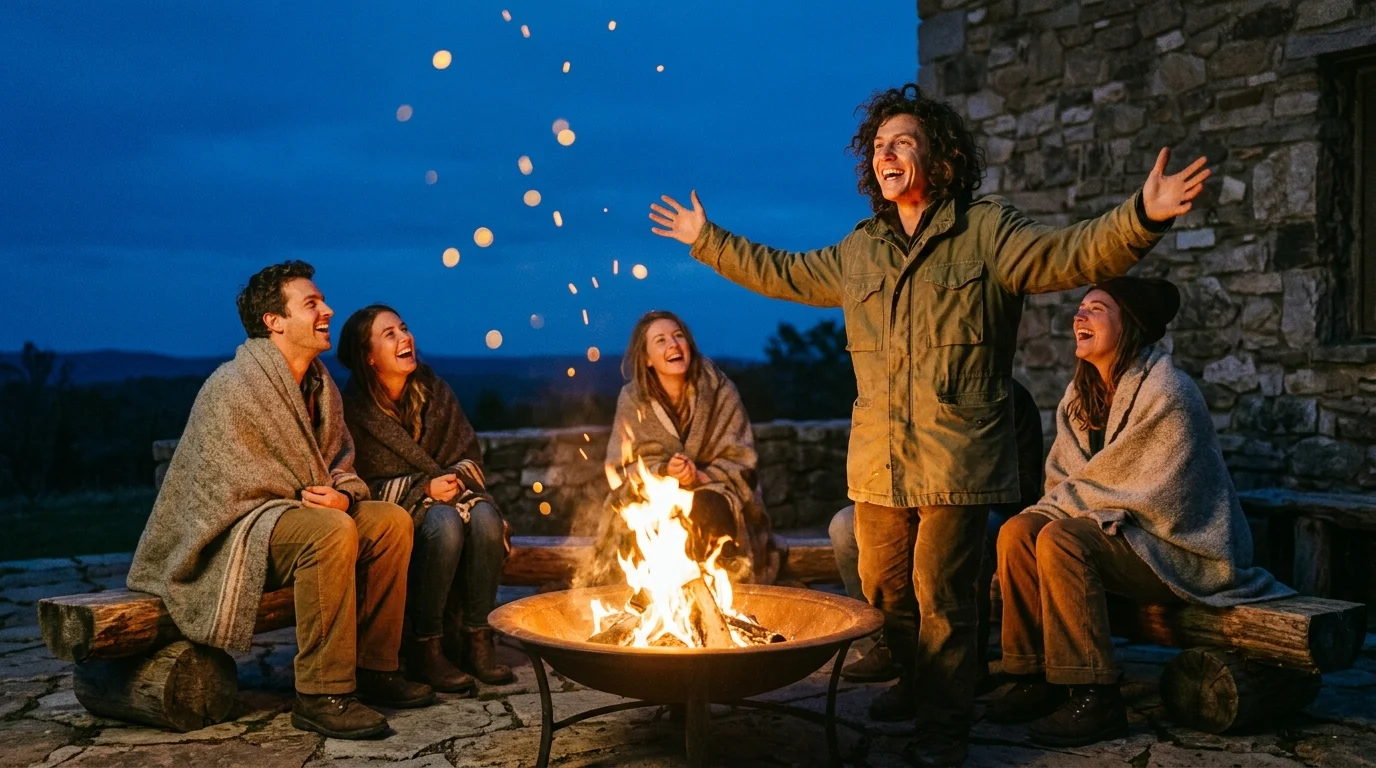 A man stands with open arms storytelling before friends wrapped in blankets around an outdoor fire pit at dusk.