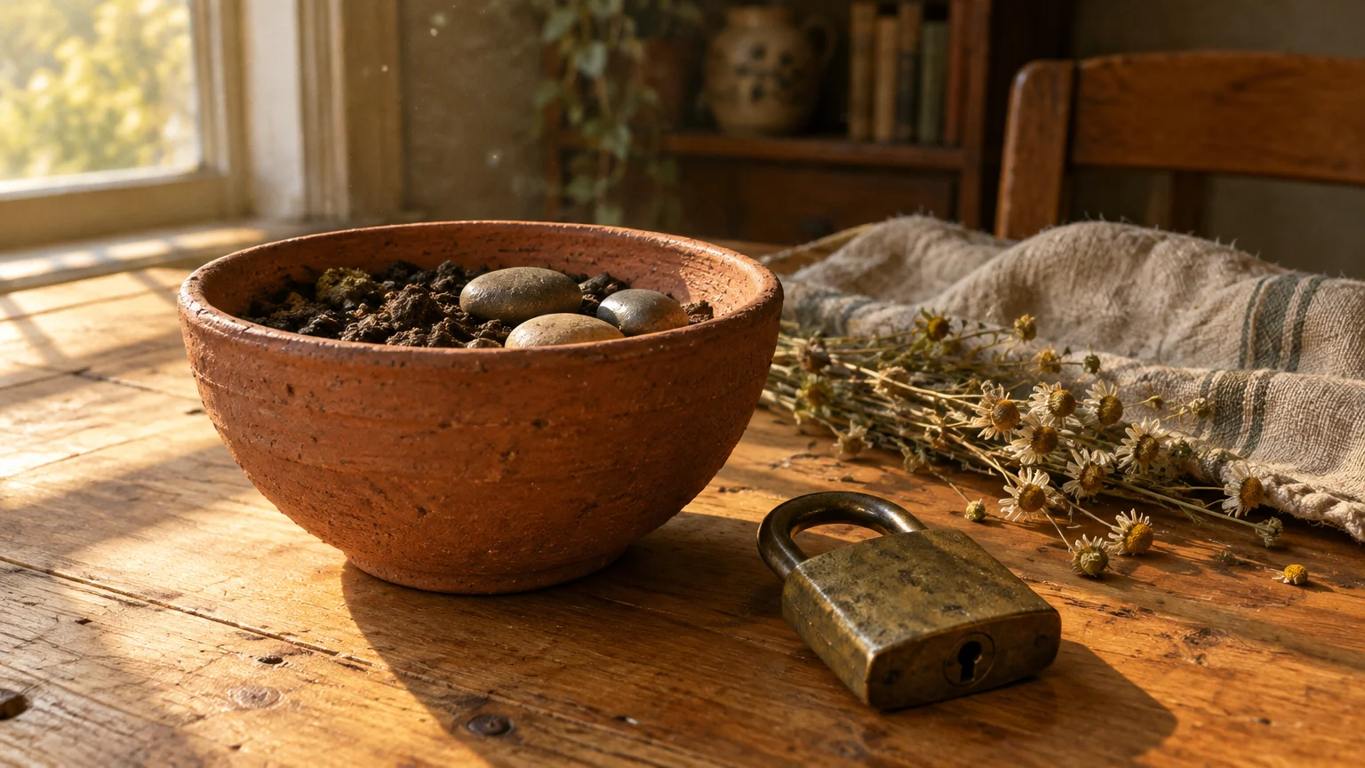 Terracotta bowl filled with soil and stones beside an antique brass padlock, dried flowers, and cloth on a rustic table.