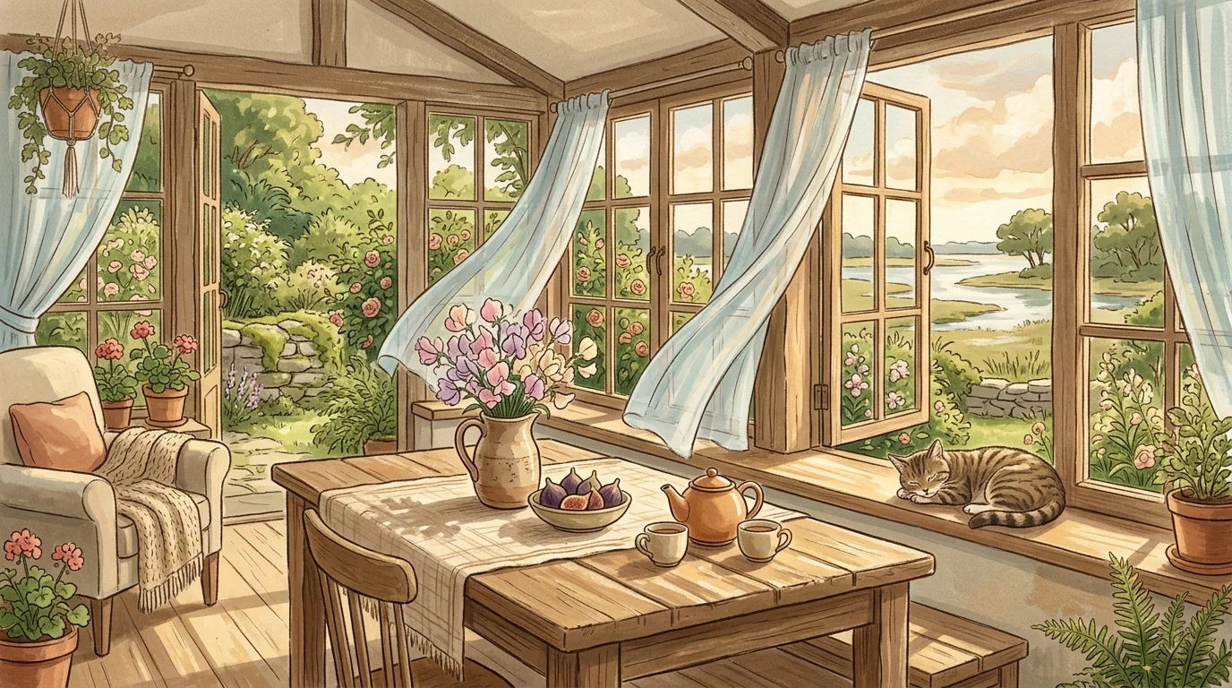 Illustration of a sunlit rustic room with open windows, a wooden dining table set with tea, and a sleeping cat.