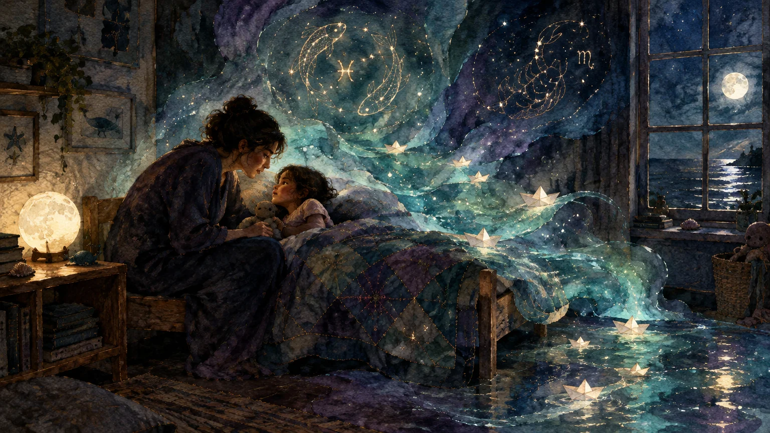 Illustration of a mother tucking a child into bed beneath glowing Pisces and Scorpio constellations and starry waves.
