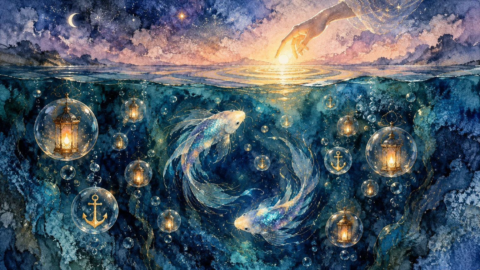 Watercolor illustration of two glowing fish swimming underwater beneath floating lanterns, anchors, and a reaching hand.