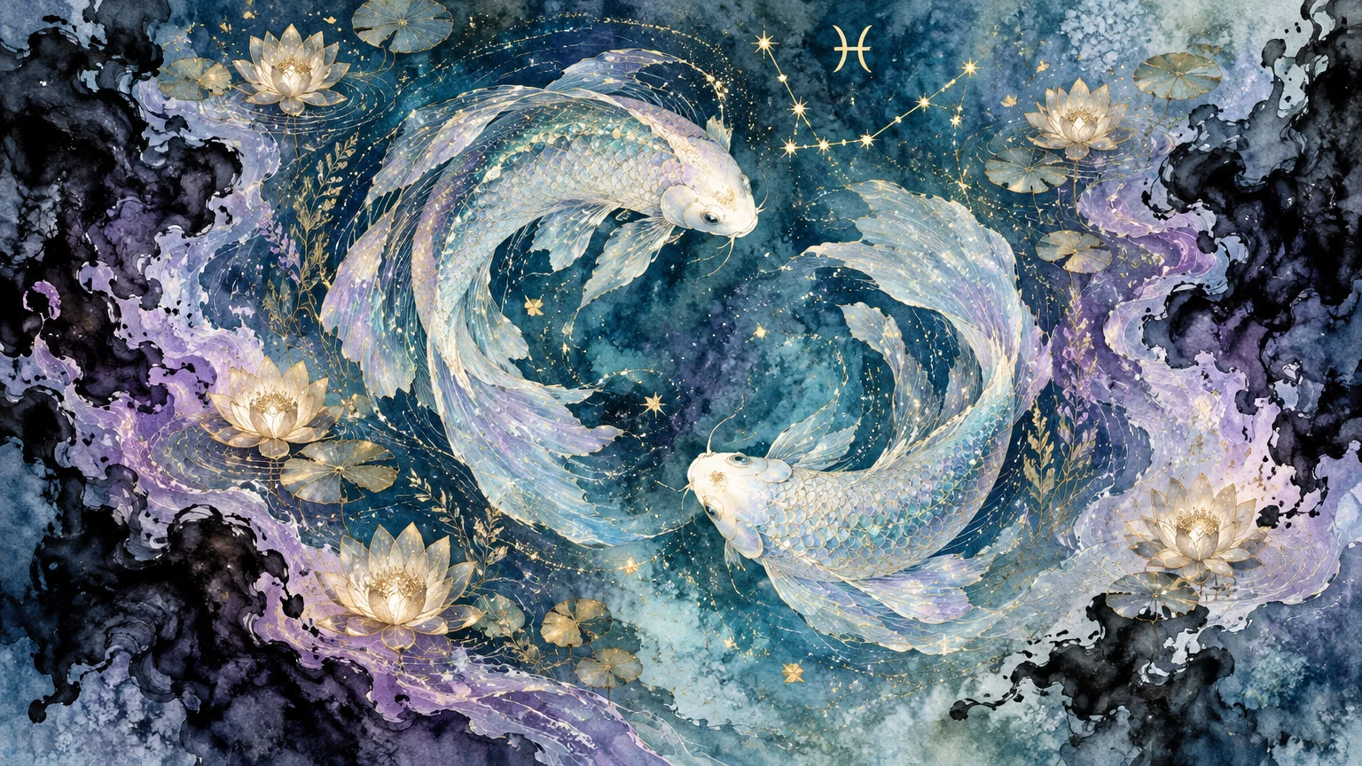 Watercolor illustration of two glowing koi fish swimming in a circle among water lilies and golden Pisces constellations.