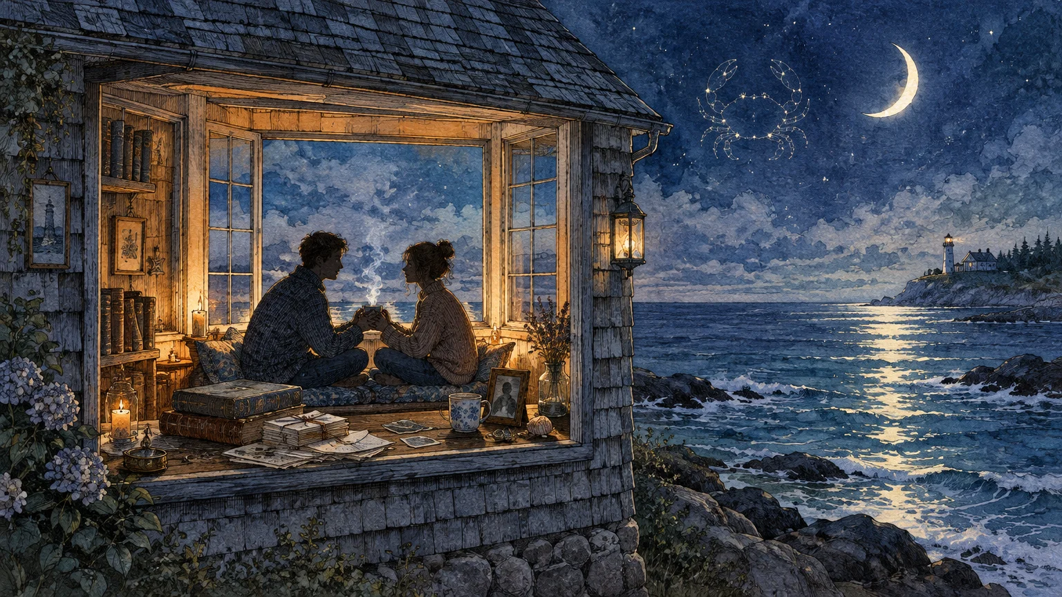 A couple sits in a cozy seaside bay window at night, beneath a crescent moon and the Cancer constellation.