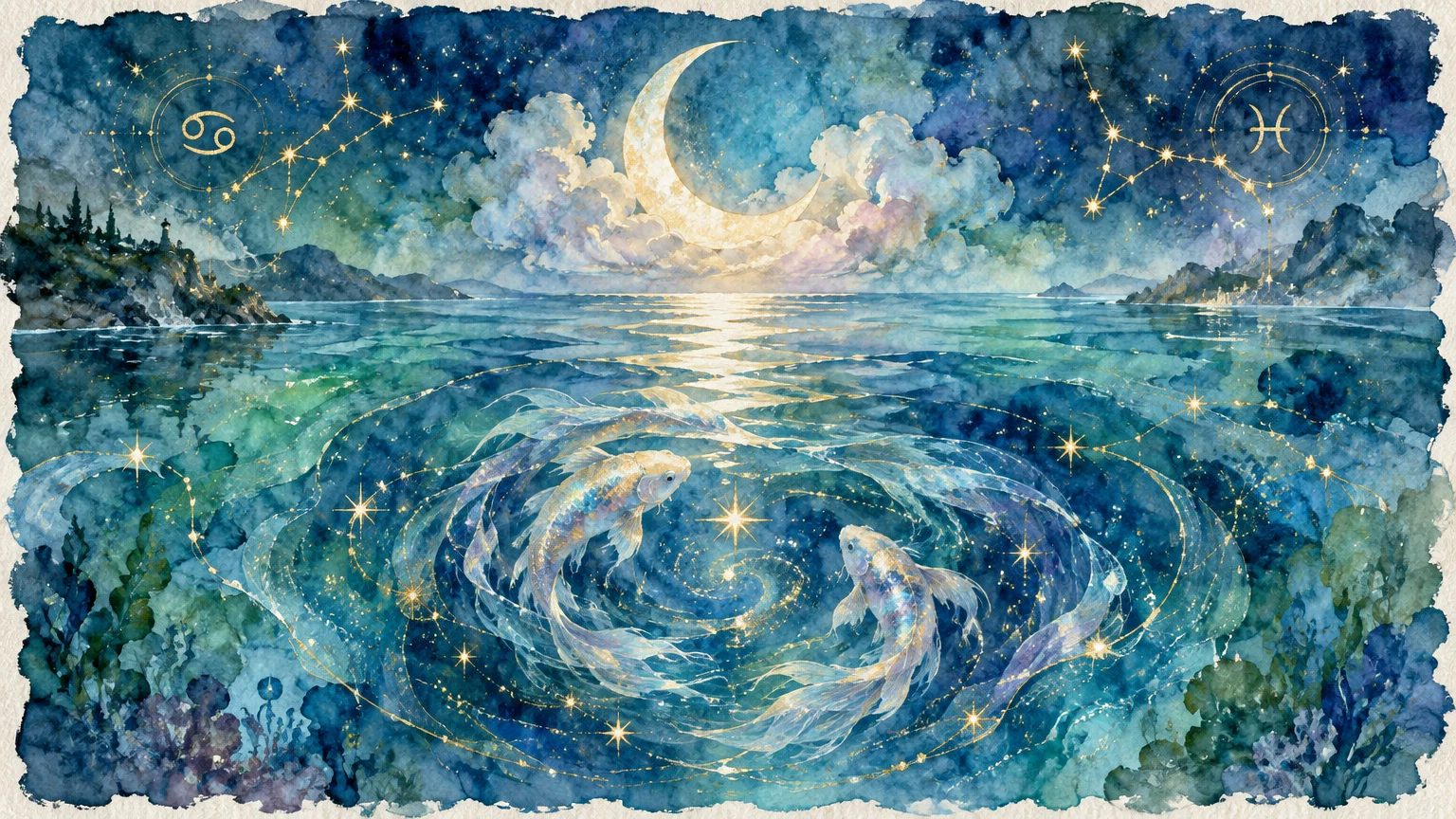 Watercolor seascape of two shimmering fish swimming in circles under a crescent moon, night sky, and zodiac constellations.