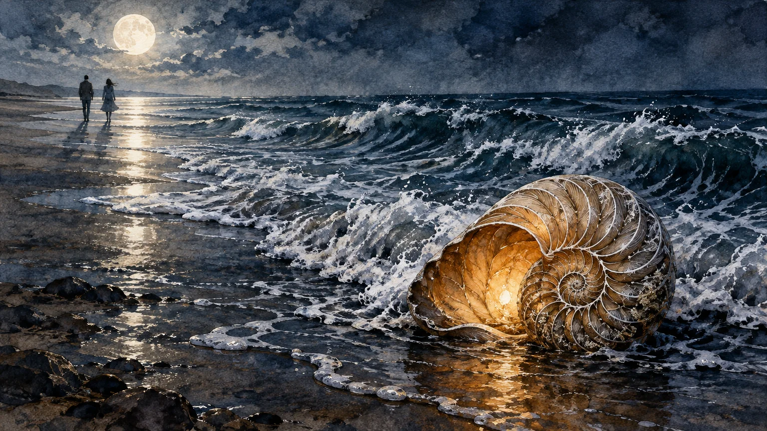 Watercolor of a glowing nautilus shell in ocean surf on a moonlit beach with two distant figures walking away.