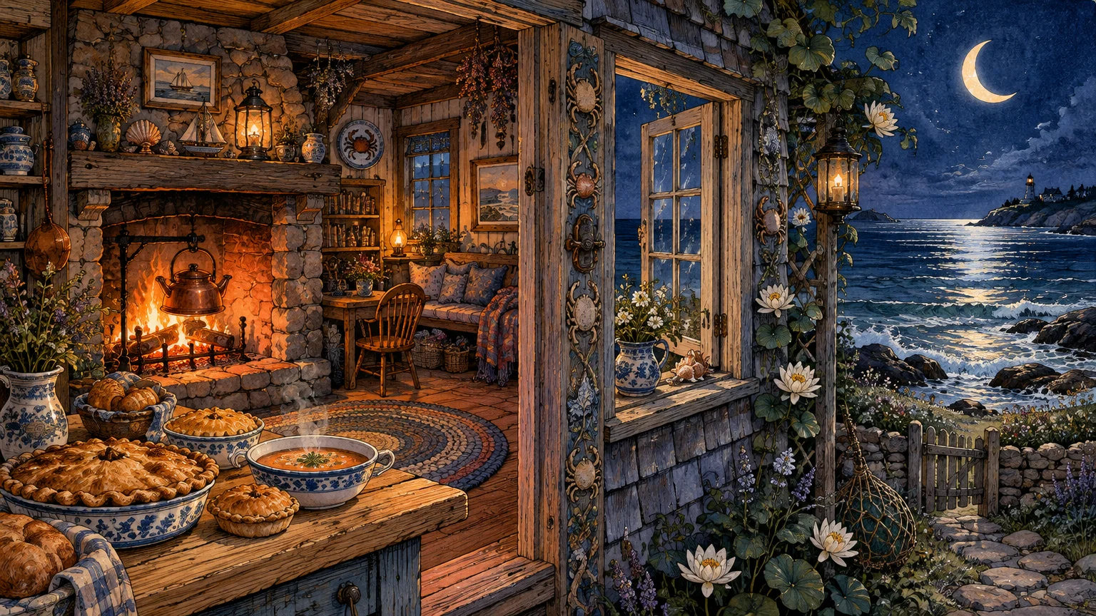 Cozy seaside cottage interior with a roaring fireplace, baked pies, and an open window looking onto moonlit ocean waves.