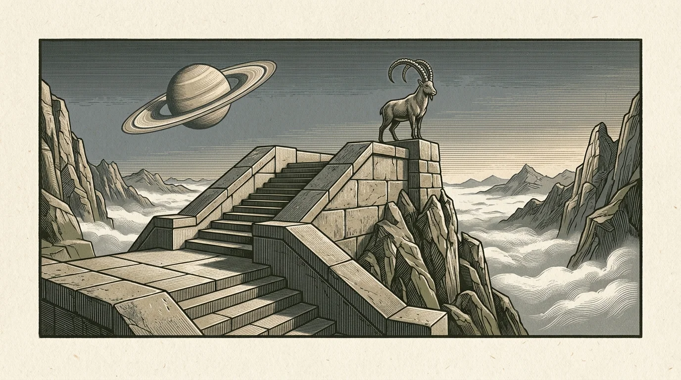 Illustration of a horned goat atop stone mountain stairs overlooking clouds with the ringed planet Saturn in the sky.