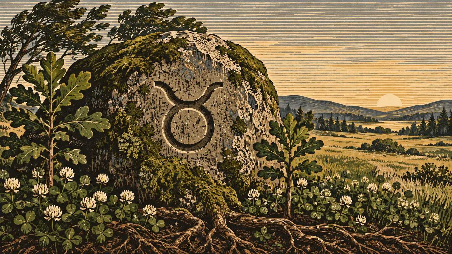Taurus astrological symbol carved into a large mossy boulder in a landscape of oak saplings and clover at sunrise.