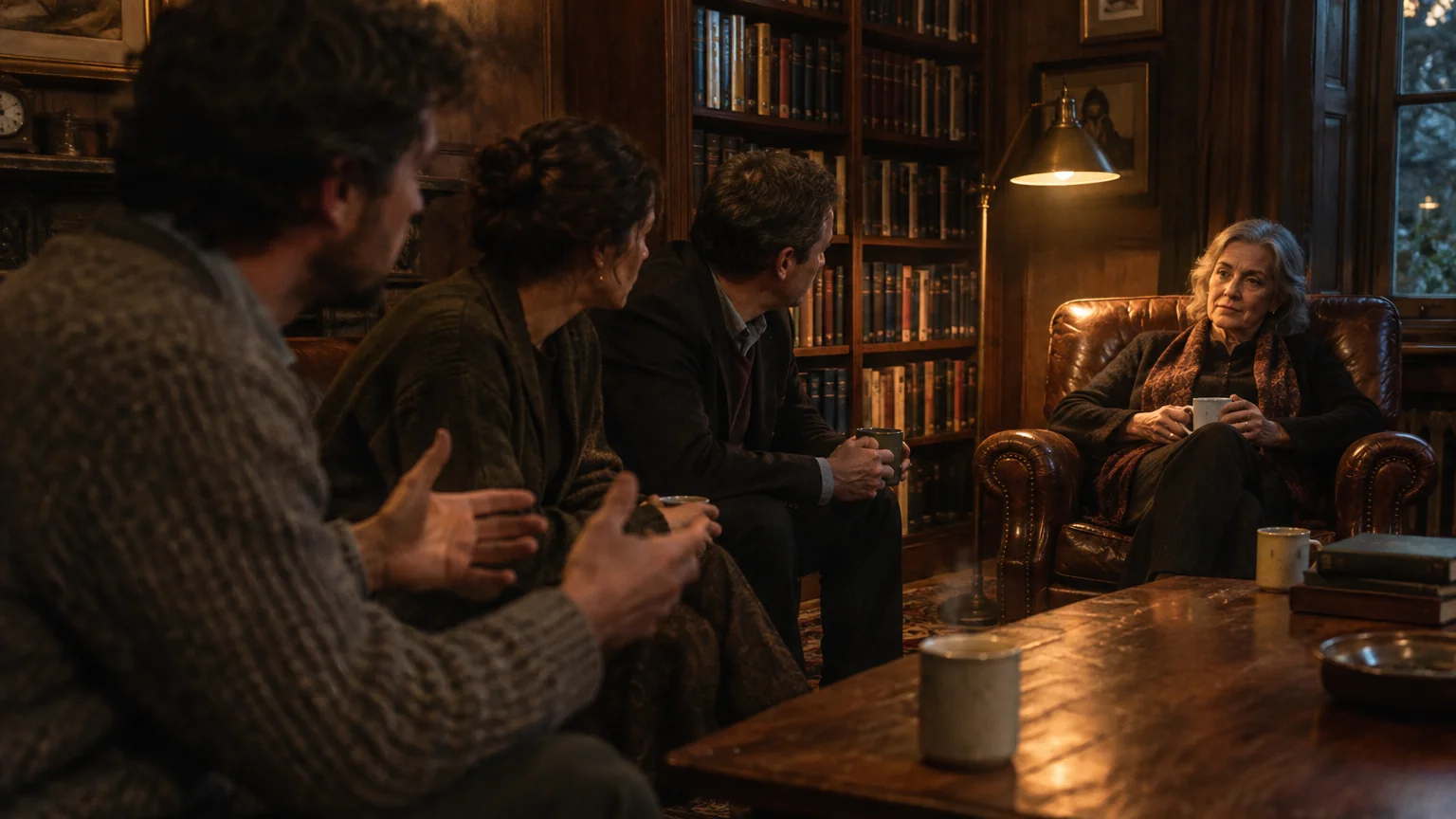 People seated in a warmly lit, wood-paneled library converse with an older woman resting in a leather armchair.