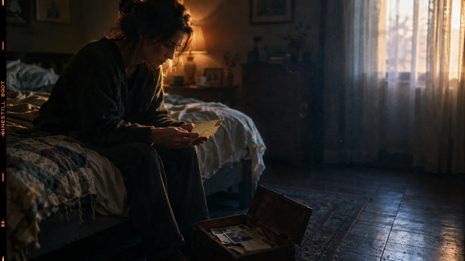 A woman sits on a bed in a dim, sunlit room, reading an old letter beside an open chest of photographs.
