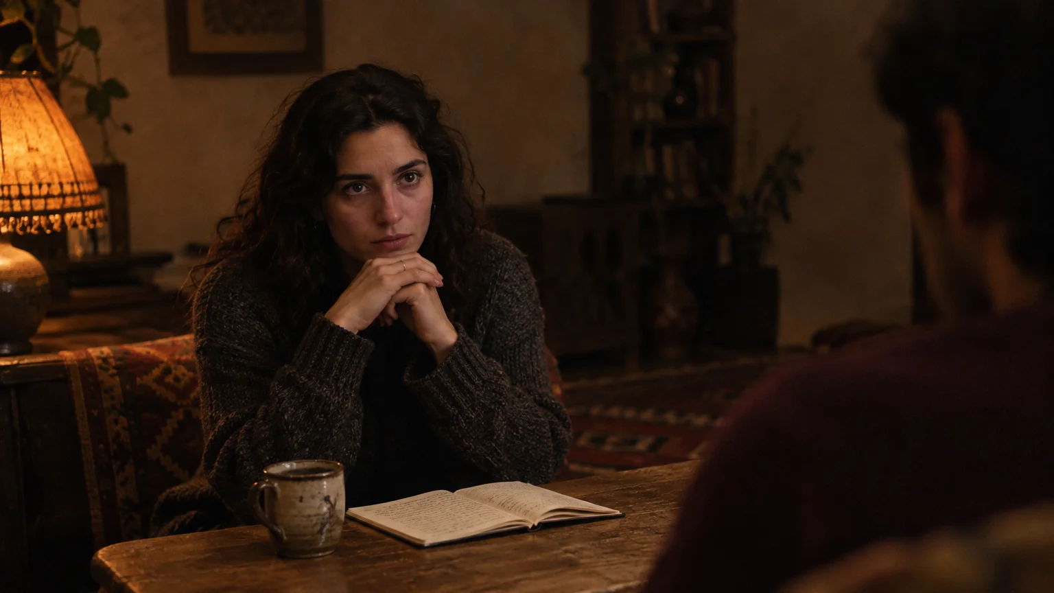 A woman rests her chin on clasped hands at a wooden table across from a companion, beside an open notebook and mug.