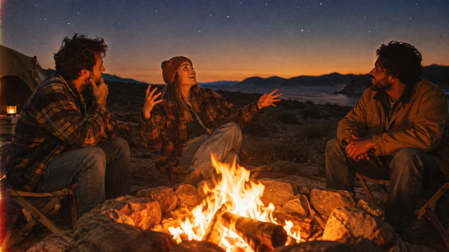 Three campers sit around a glowing bonfire at dusk, talking under a starry sky near coastal hills.