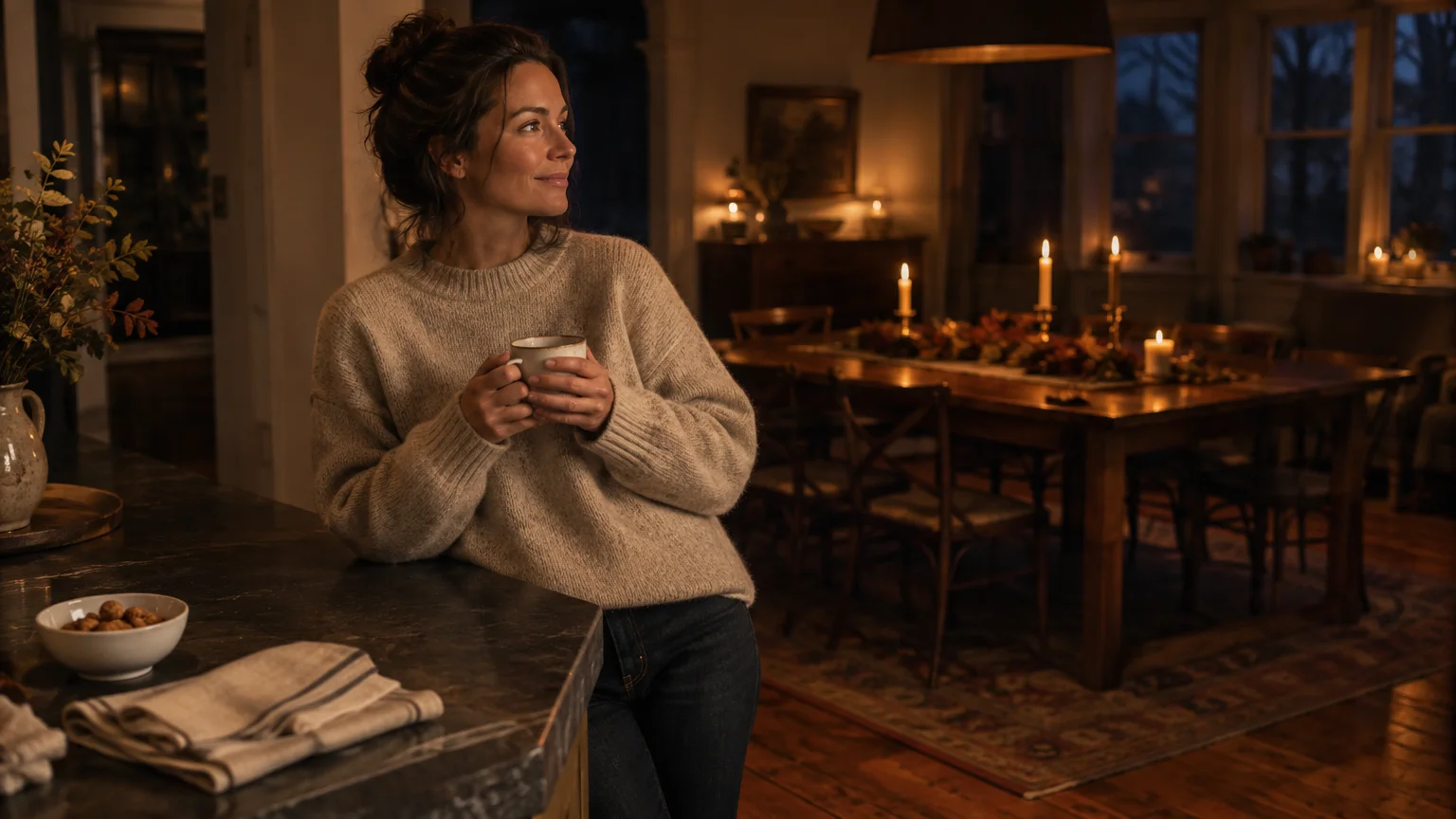A smiling woman holding a mug in a cozy, candlelit dining room with an arranged Thanksgiving table.