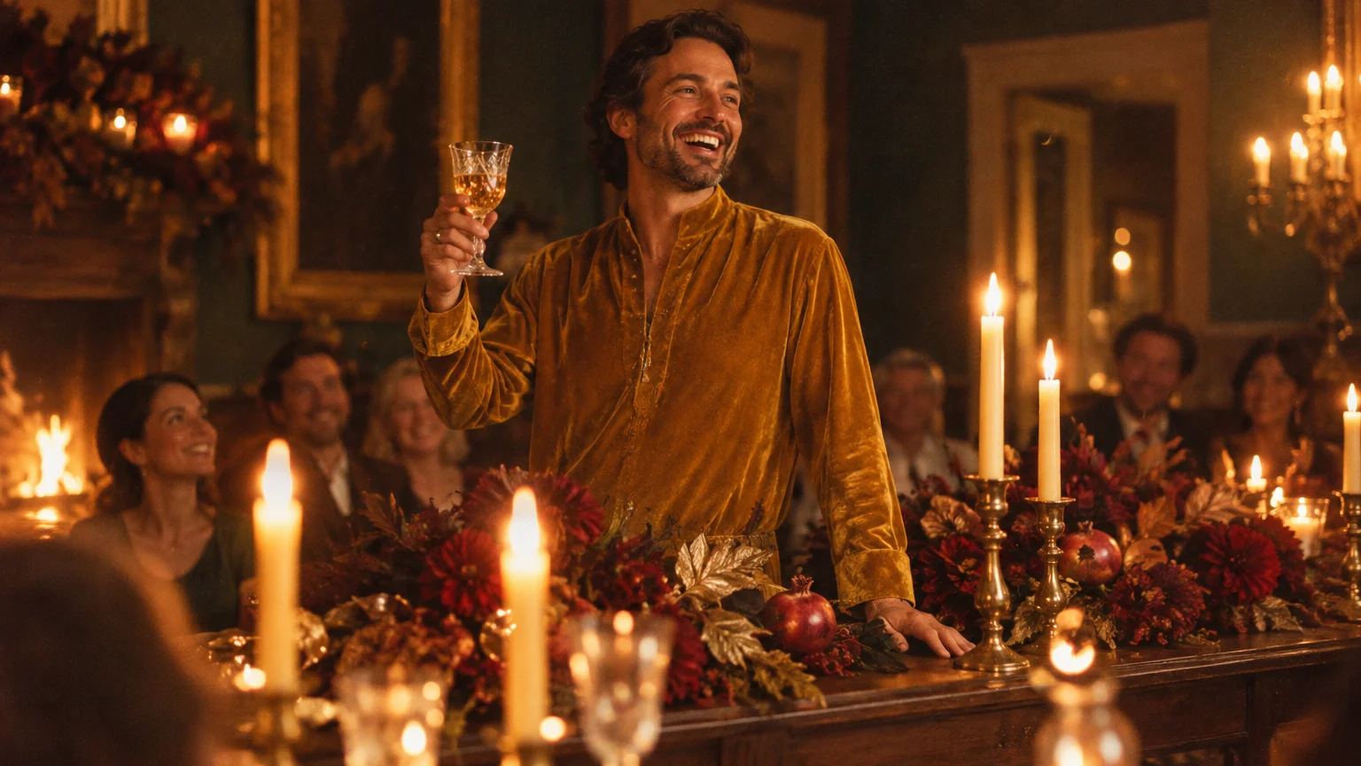 A smiling man in a gold velvet shirt raises a glass for a toast at an ornate, candlelit dinner table surrounded by guests.