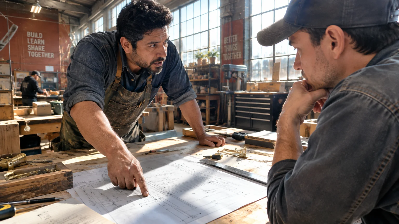 Two craftsmen in a sunny woodworking workshop leaning over blueprints spread out on a wooden workbench.