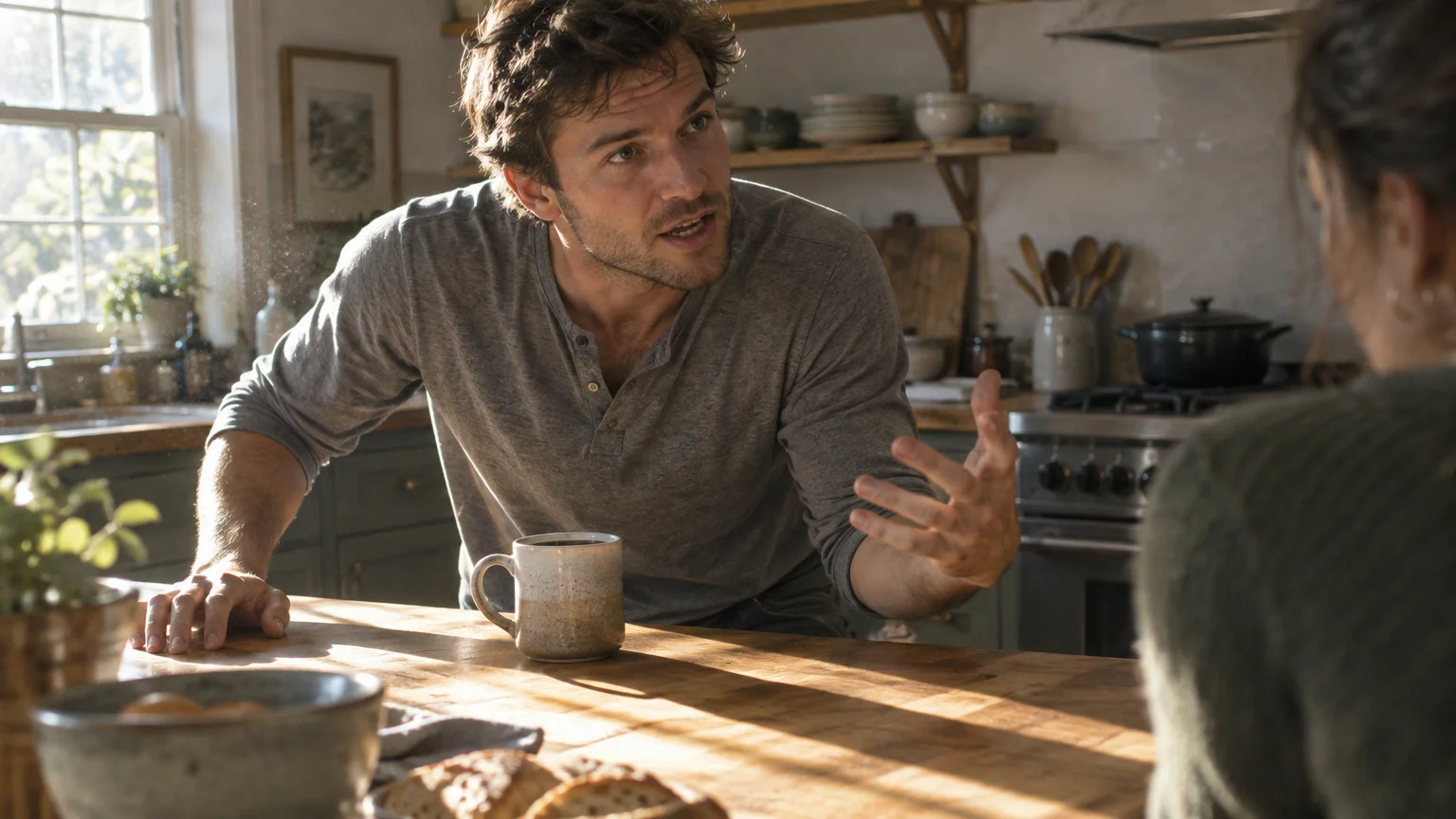 A man leaning over a wooden kitchen table gesturing with his hand while speaking intensely to a woman.