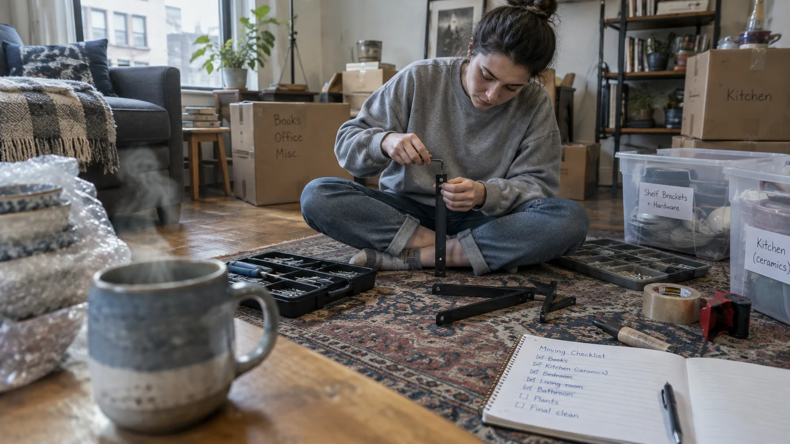 A woman sits cross-legged on a rug assembling metal furniture parts near moving boxes, tools, and a checklist.